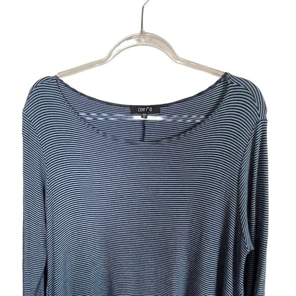 Comfy USA 3/4 Sleeve Lagenlook Asymmetrical Hem Tunic M Blue Black Striped - Picture 2 of 6